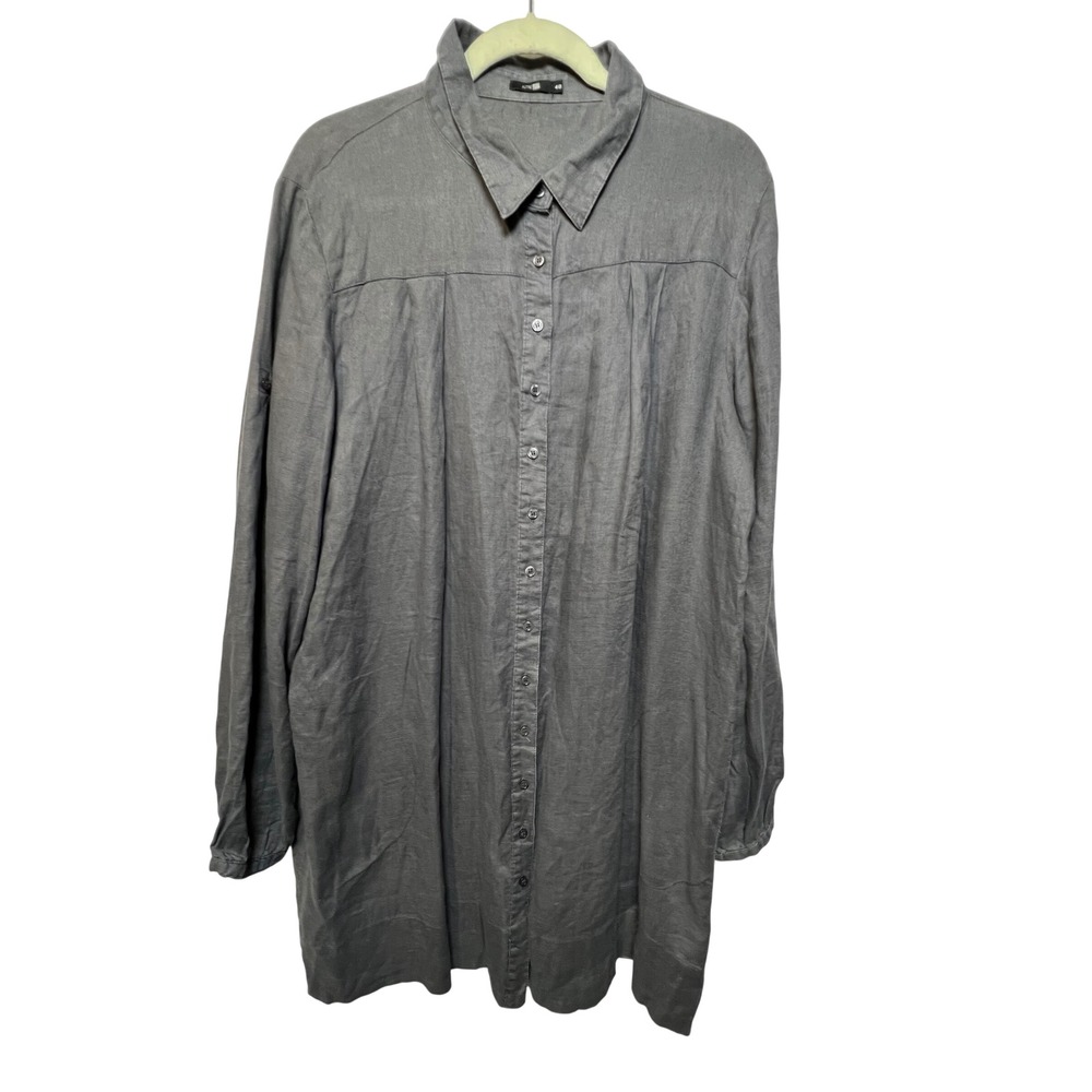 Autre Ton Womens Tunic Shirt 100% Linen 48 Grey Longline Roll Tab Sleeve Blouse